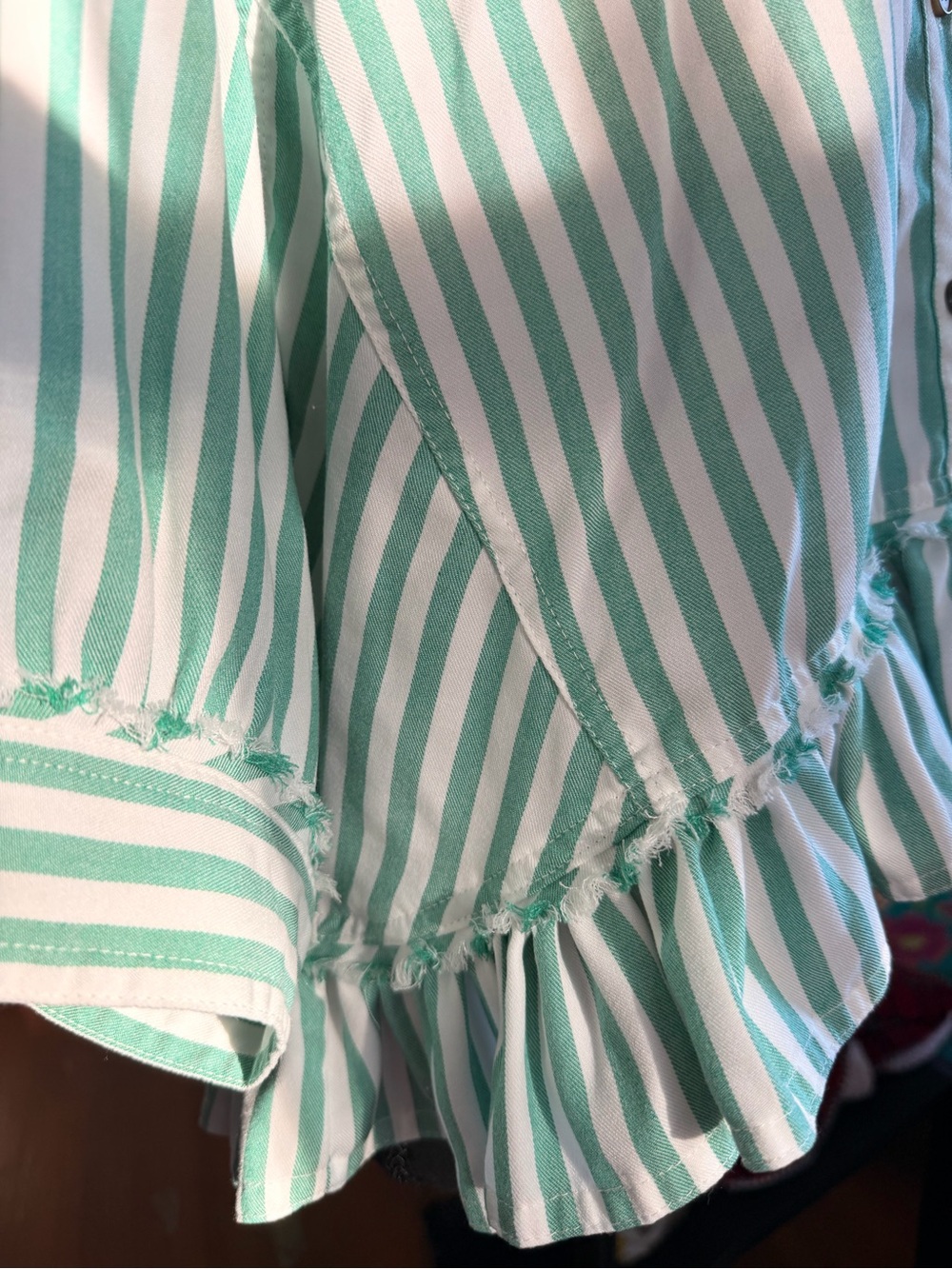 Striped Ruffle Hem Button-Front Top - Mint Green - size M - Picture 5 of 10